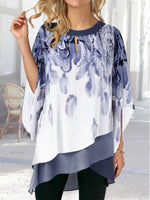 Floral Print Irregular Hem Crew Neck Flared Sleeves Blouse