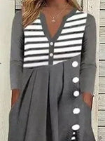 Stripe Print Buttons V-neck Long Sleeves Midi Dress