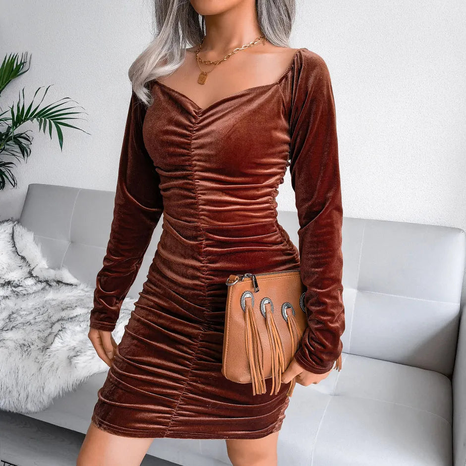 Sexy Square Neck Velvet Hip Wrap Dress