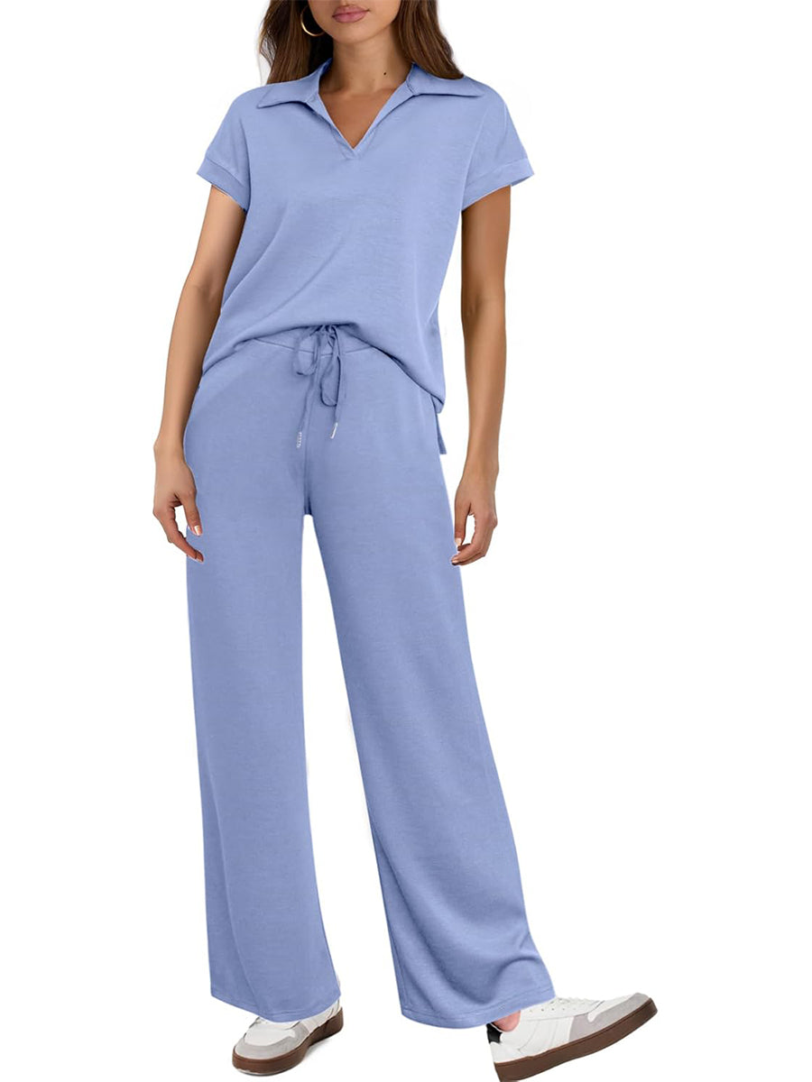 Women's Short Sleeve Top and Drawsting Wide Leg Pants 2 Piece Set