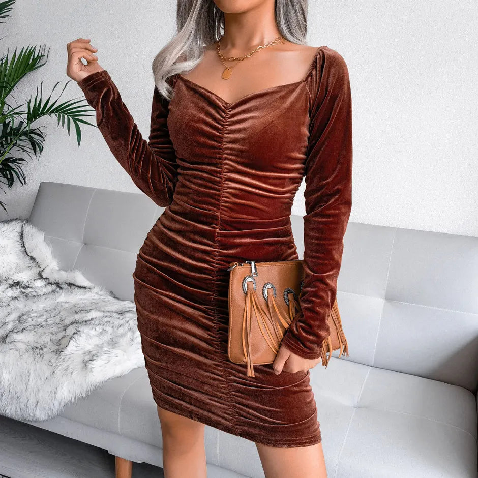 Sexy Square Neck Velvet Hip Wrap Dress