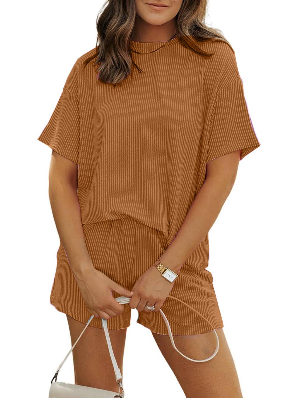 Crew Neck Ribbed Textured Knit Suit