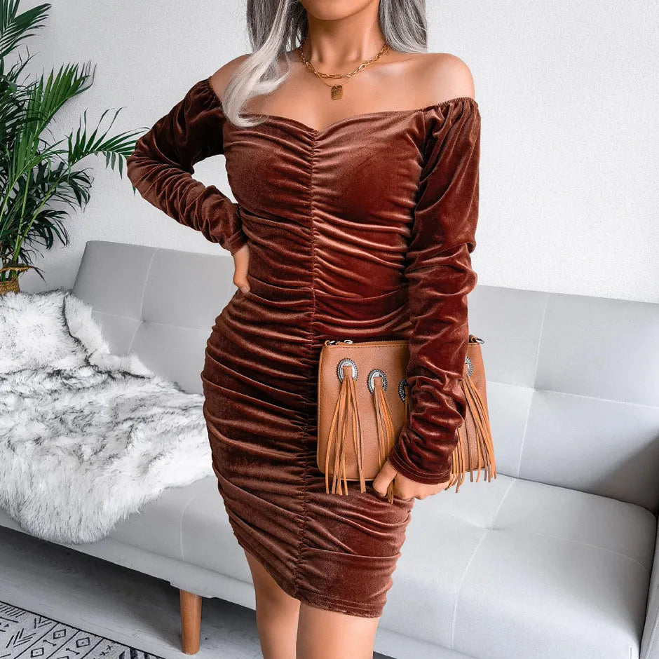 Sexy Square Neck Velvet Hip Wrap Dress