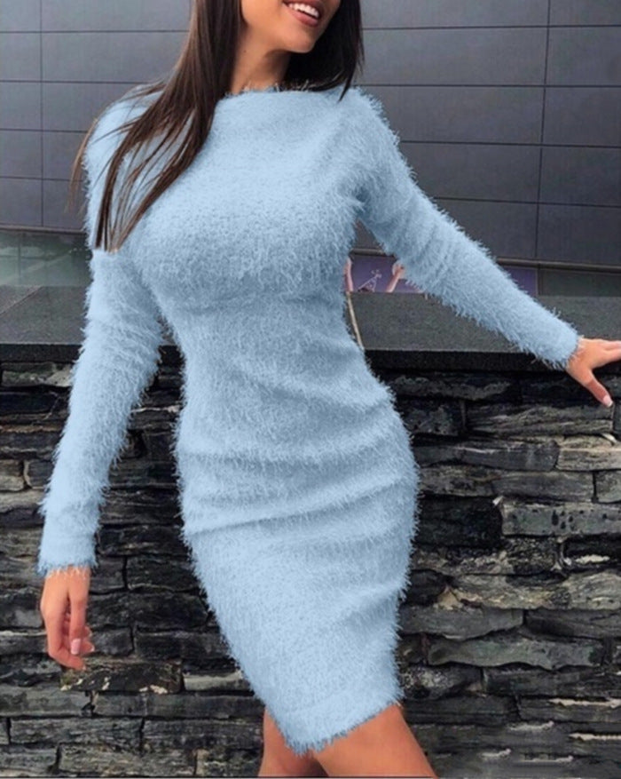 Women's Fashion Plush Sexy Waist Hugging Long-Sleeved Dress