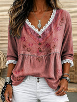 Women's Vintage Washed Floral Print Lace Trim V-Neck 3/4 Sleeve Top