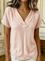 Women's Solid Plain Cotton Lapel Short Sleeve Blouse
