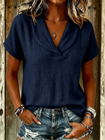 Women's Solid Plain Cotton Lapel Short Sleeve Blouse