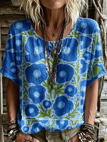 Women's Short-sleeve Crew-neck Cotton-linen T-shirt With Floral Art Print