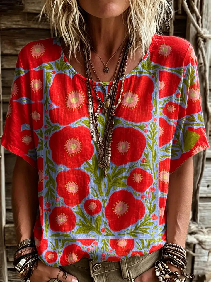 Women's Short-sleeve Crew-neck Cotton-linen T-shirt With Floral Art Print