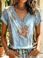 Women's Vintage Rose & Leopard Print Cotton Short Sleeve Shirt