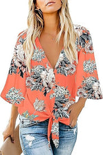 Women's Casual Floral Blouse Batwing Sleeve Loose Fitting Shirts Boho Knot Front Tops