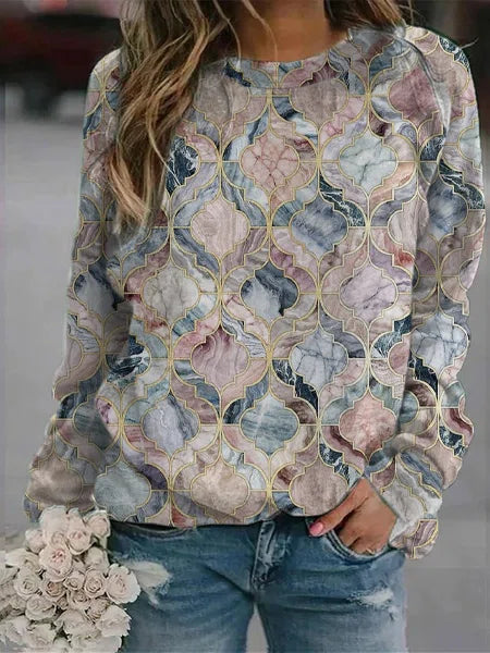 Crew Neck Loose Geometric Long Sleeve Sweatshirt
