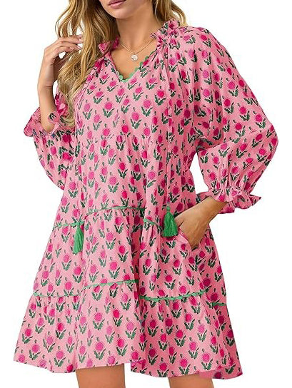 Women's Floral Ruffle V Neck Boho Babydoll Dresses with Pockets