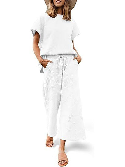 Women's Short Sleeve Tops and Cropped Wide Leg Pants Sweatsuit