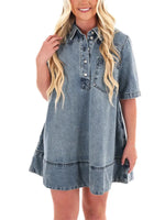 Women's V Neck Short Sleeve Jean Babydoll Dress