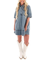 Women's V Neck Short Sleeve Jean Babydoll Dress