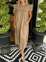 Women's Flutter Sleeve Pocket Midi Shift Dress