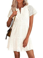 Women's V Neck Smocked Waist Eyelet Dress