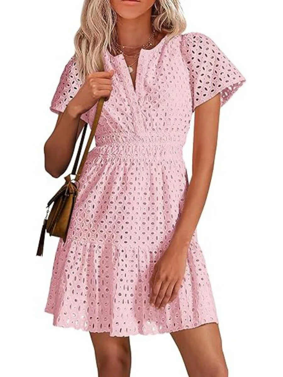 Women's V Neck Smocked Waist Eyelet Dress