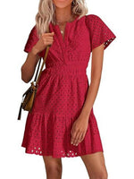 Women's V Neck Smocked Waist Eyelet Dress