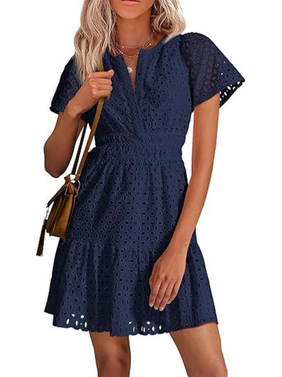 Women's V Neck Smocked Waist Eyelet Dress