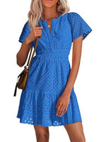 Women's V Neck Smocked Waist Eyelet Dress