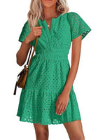 Women's V Neck Smocked Waist Eyelet Dress