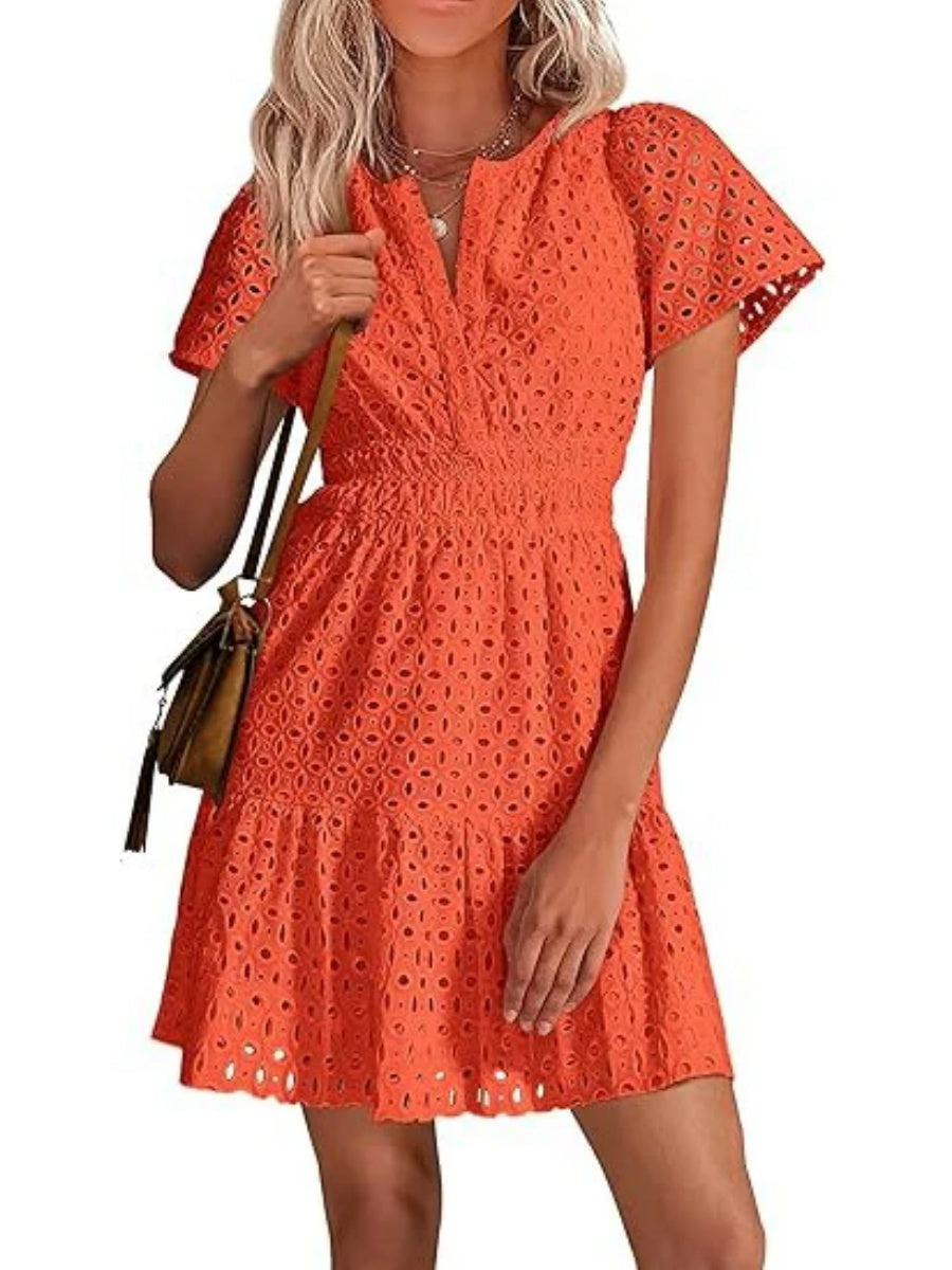 Women's V Neck Smocked Waist Eyelet Dress