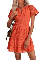 Women's V Neck Smocked Waist Eyelet Dress
