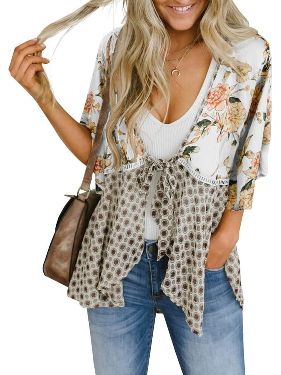 Women's Floral Kimono Ruffle Sleeve Tie Cardigans Flowy Boho Loose Cover Ups