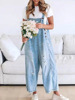 Women's Loose Fit Adjustable Strap Distressed Denim Bib Overalls