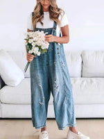 Women's Loose Fit Adjustable Strap Distressed Denim Bib Overalls