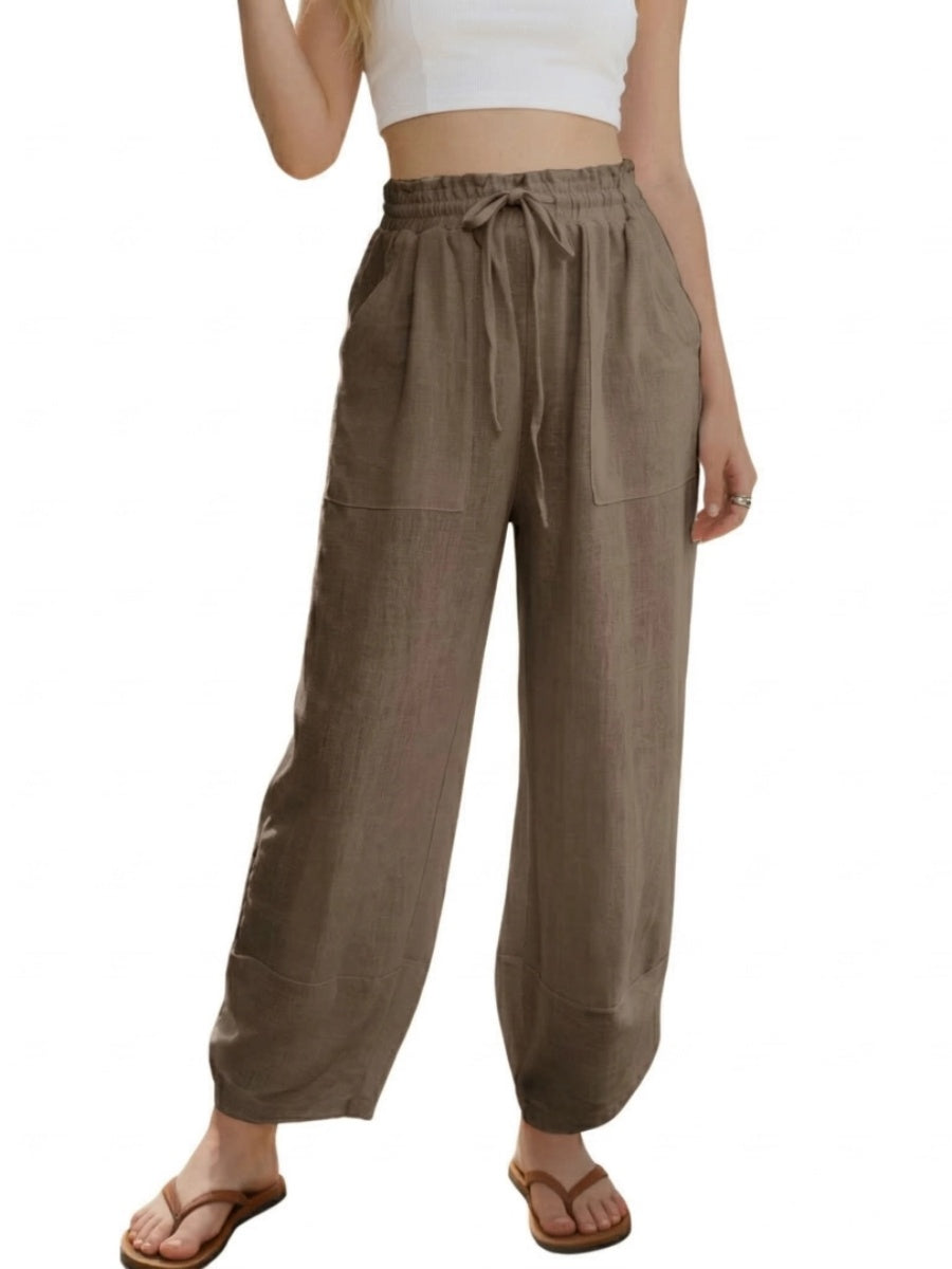 Women's Linen Loose Casual Capri Pants Elastic Waistband with Pockets