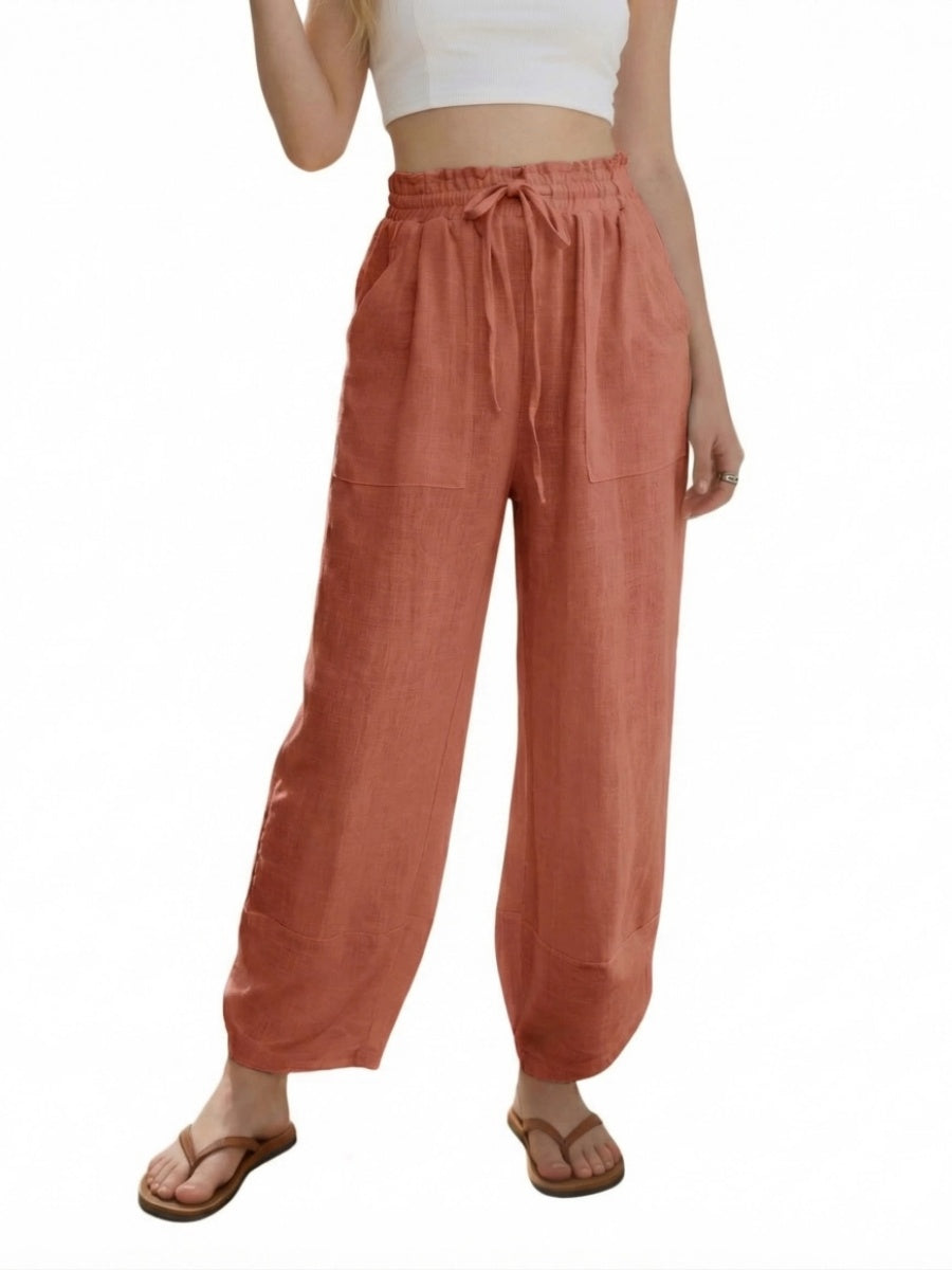 Women's Linen Loose Casual Capri Pants Elastic Waistband with Pockets