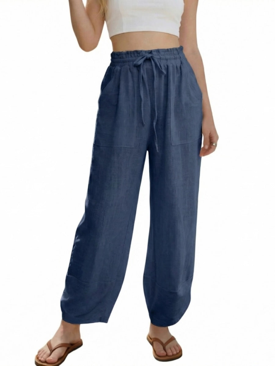 Women's Linen Loose Casual Capri Pants Elastic Waistband with Pockets