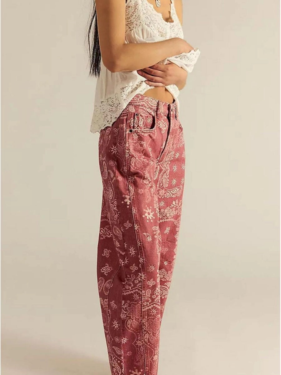 Women's Mid-rise Floral Print Cropped Loose Wide-leg Jeans