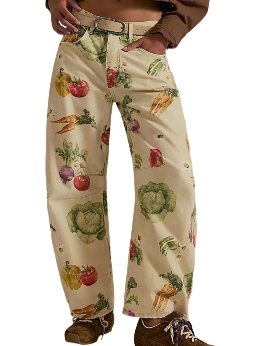 Women's Mid-rise Floral Print Cropped Loose Wide-leg Jeans