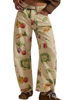 Women's Mid-rise Floral Print Cropped Loose Wide-leg Jeans