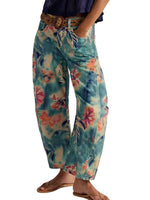 Women's Mid-rise Floral Print Cropped Loose Wide-leg Jeans