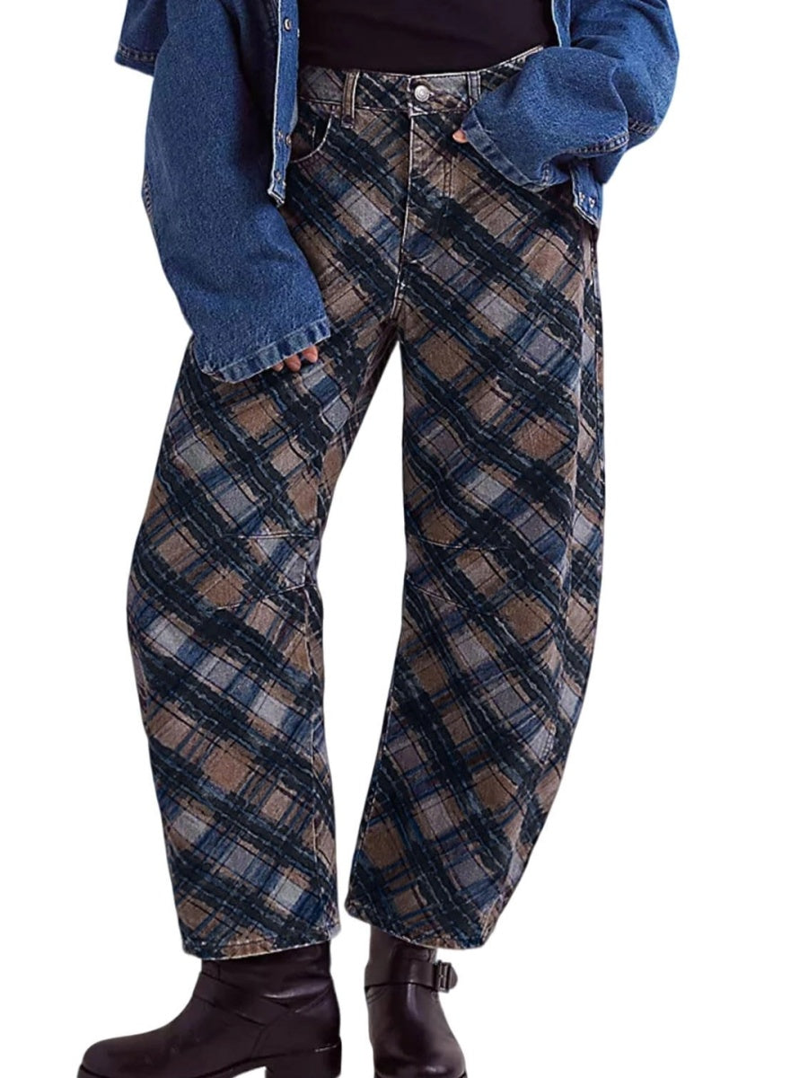 Women's Mid-rise Floral Print Cropped Loose Wide-leg Jeans