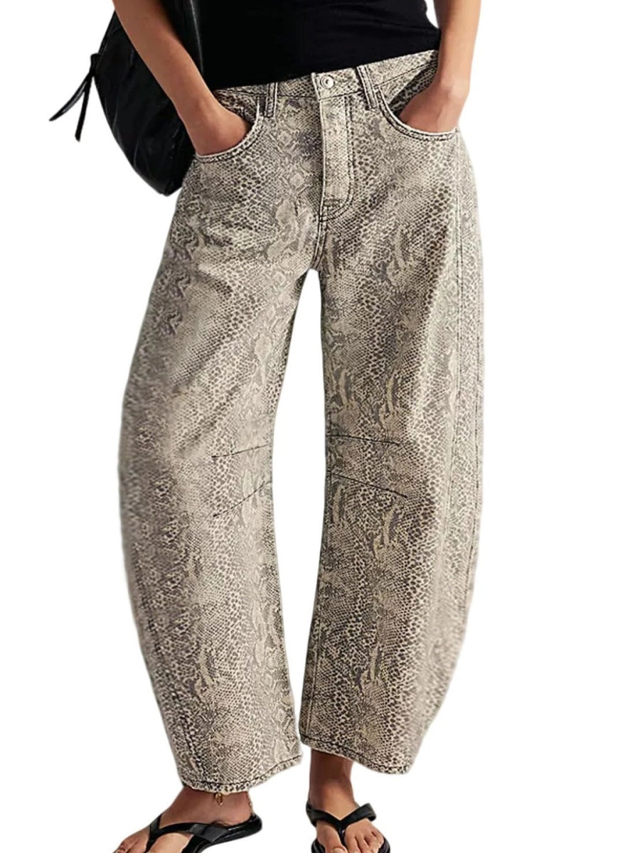 Women's Mid-rise Floral Print Cropped Loose Wide-leg Jeans
