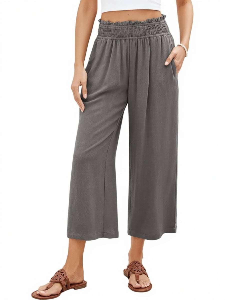 Women's High Waisted Wide Leg Linen Elastic Smock Waist Capri Pants