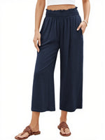 Women's High Waisted Wide Leg Linen Elastic Smock Waist Capri Pants
