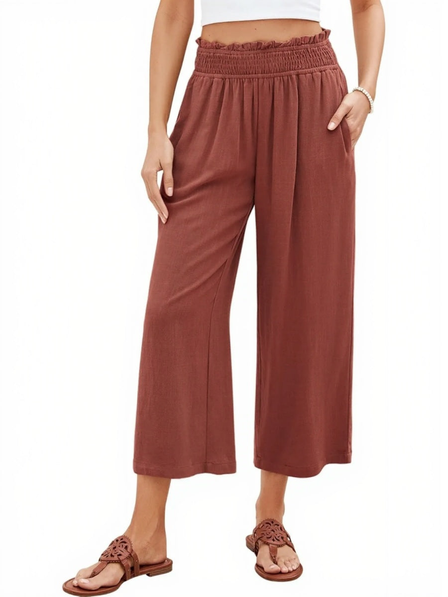 Women's High Waisted Wide Leg Linen Elastic Smock Waist Capri Pants
