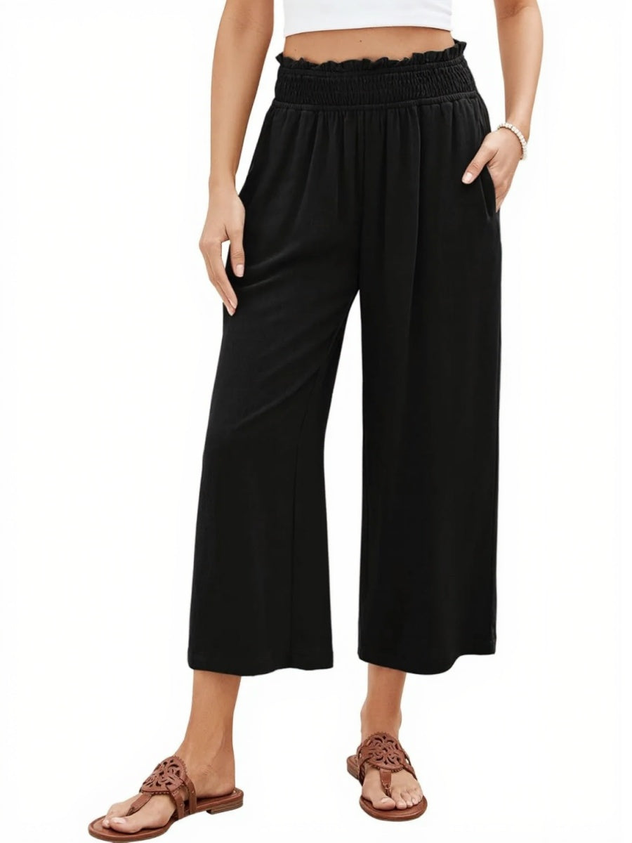 Women's High Waisted Wide Leg Linen Elastic Smock Waist Capri Pants