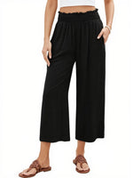Women's High Waisted Wide Leg Linen Elastic Smock Waist Capri Pants