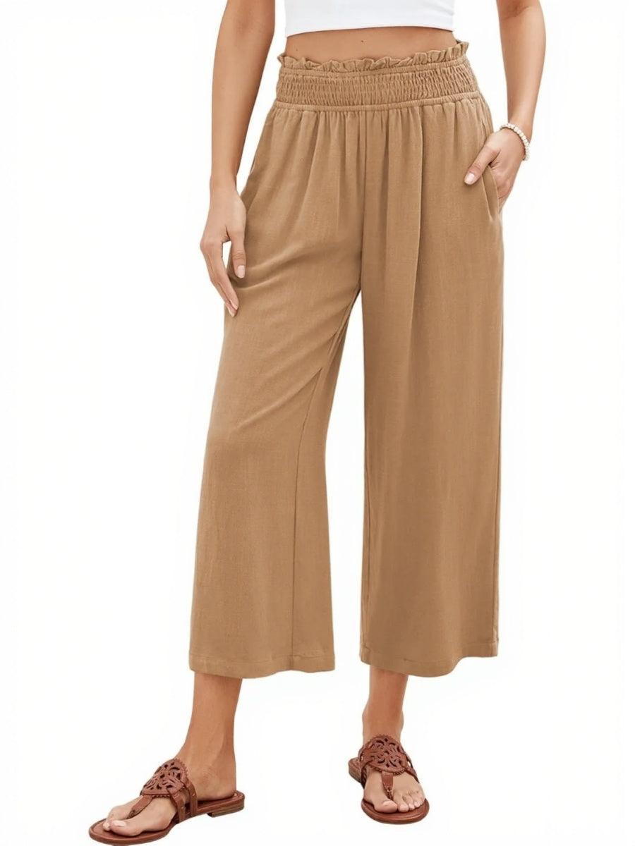 Women's High Waisted Wide Leg Linen Elastic Smock Waist Capri Pants