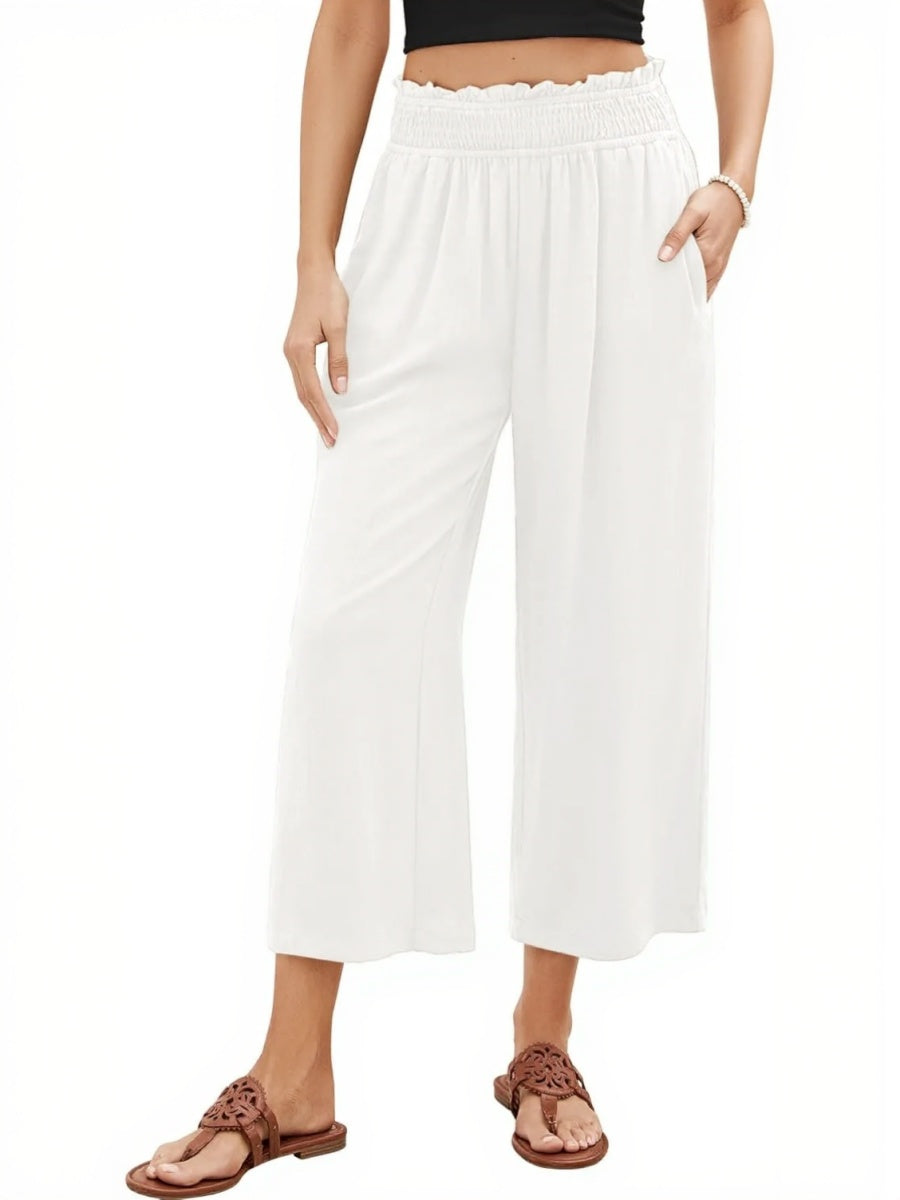 Women's High Waisted Wide Leg Linen Elastic Smock Waist Capri Pants