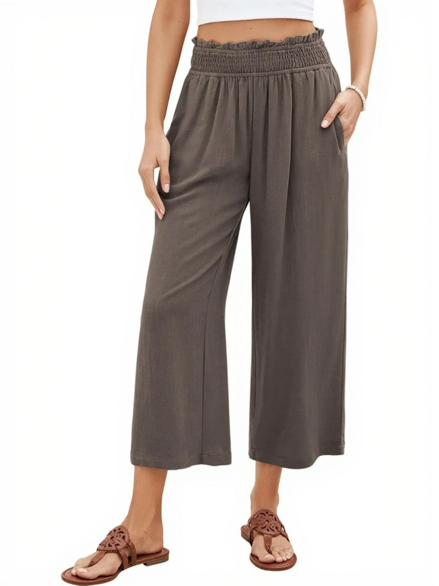 Women's High Waisted Wide Leg Linen Elastic Smock Waist Capri Pants