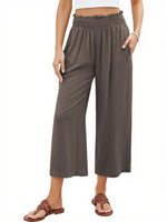Women's High Waisted Wide Leg Linen Elastic Smock Waist Capri Pants